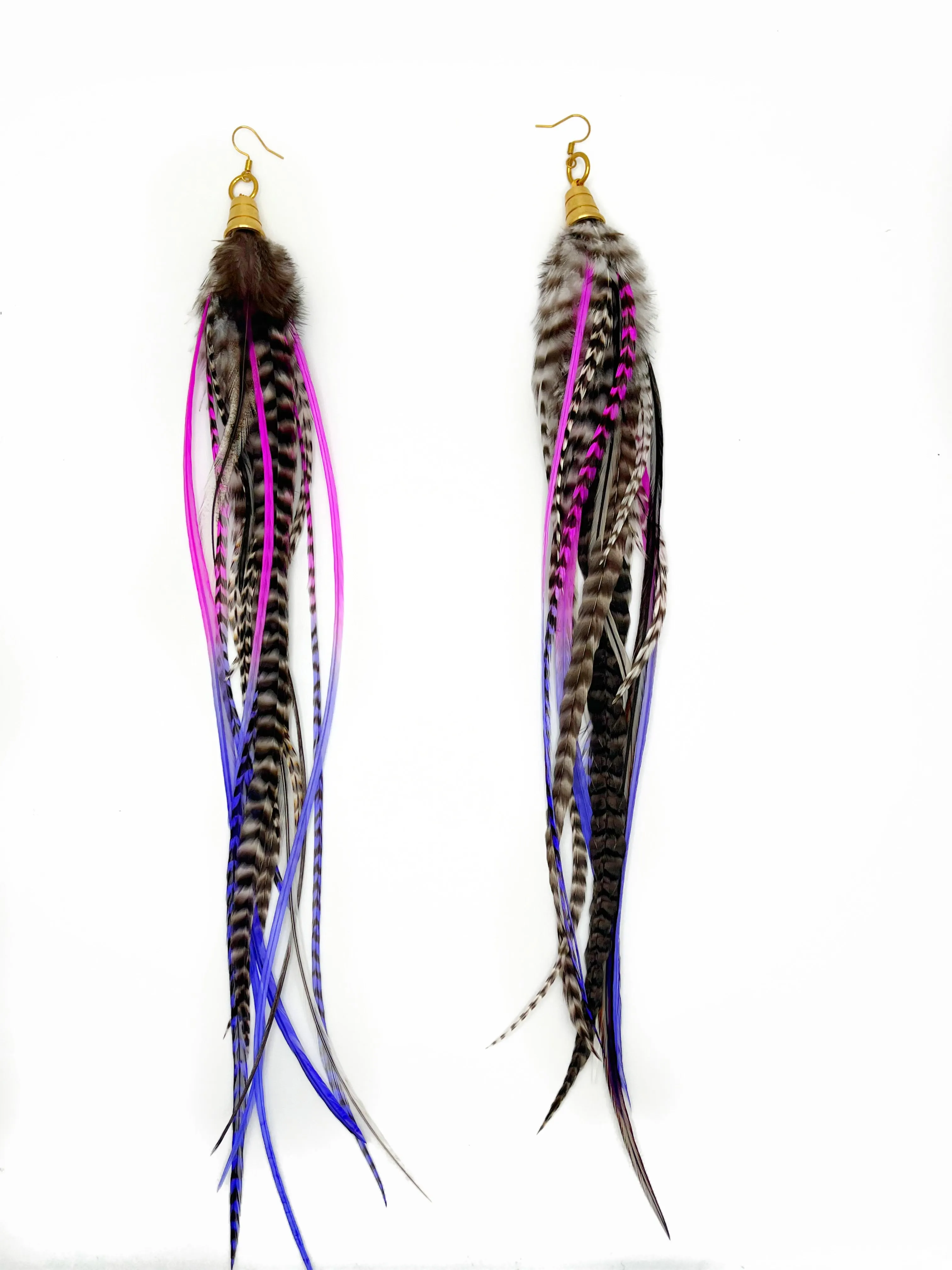 Extra Long Feather Earrings with Neon Pink & Purple Accents