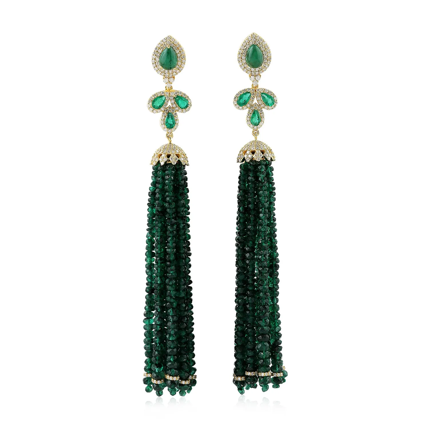 Faceted Beads Pear Emerald Pave Diamond Wedding Tassel In 14K Yellow Gold Jewelry
