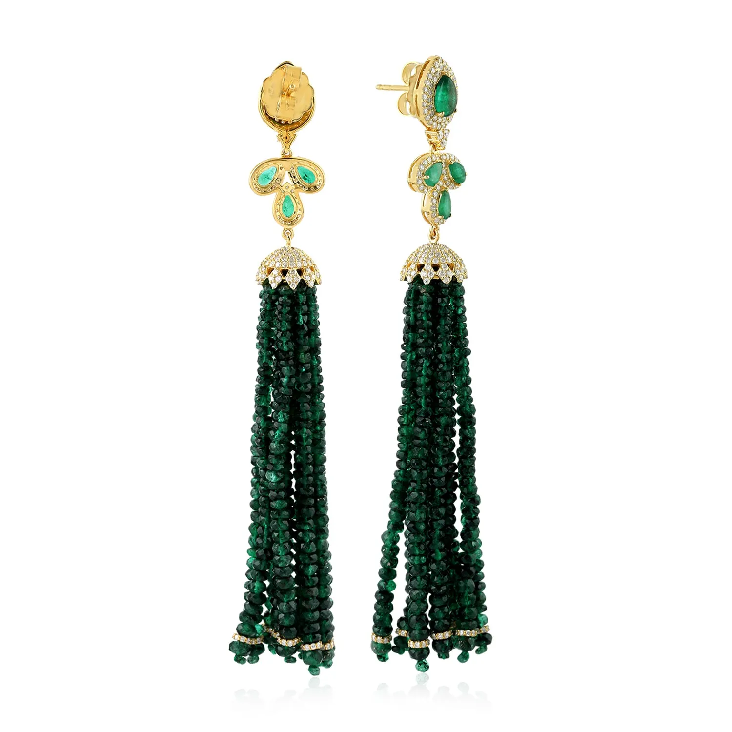 Faceted Beads Pear Emerald Pave Diamond Wedding Tassel In 14K Yellow Gold Jewelry