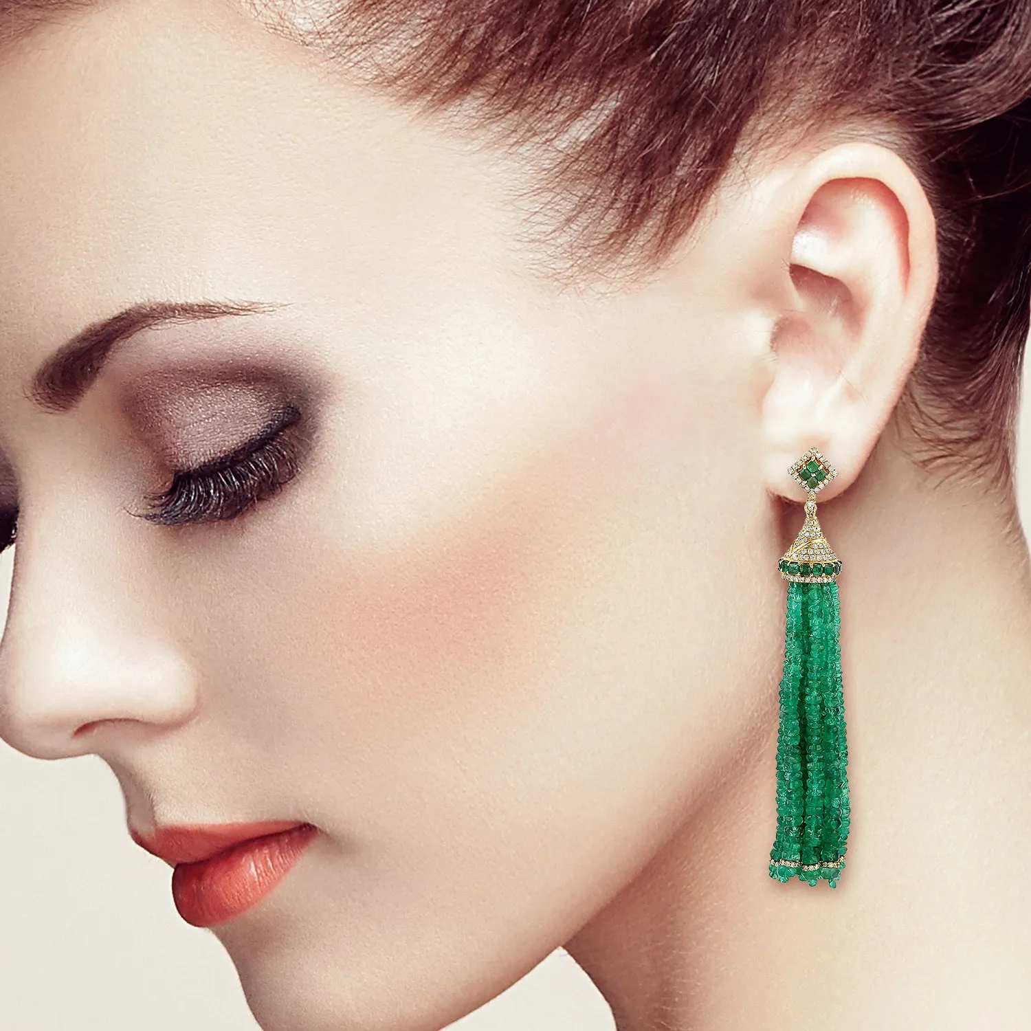 Faceted Emerald Beads Tassel Earrings In 18K Yellow Gold Diamond Jewelry
