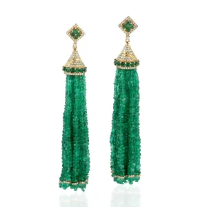 Faceted Emerald Beads Tassel Earrings In 18K Yellow Gold Diamond Jewelry