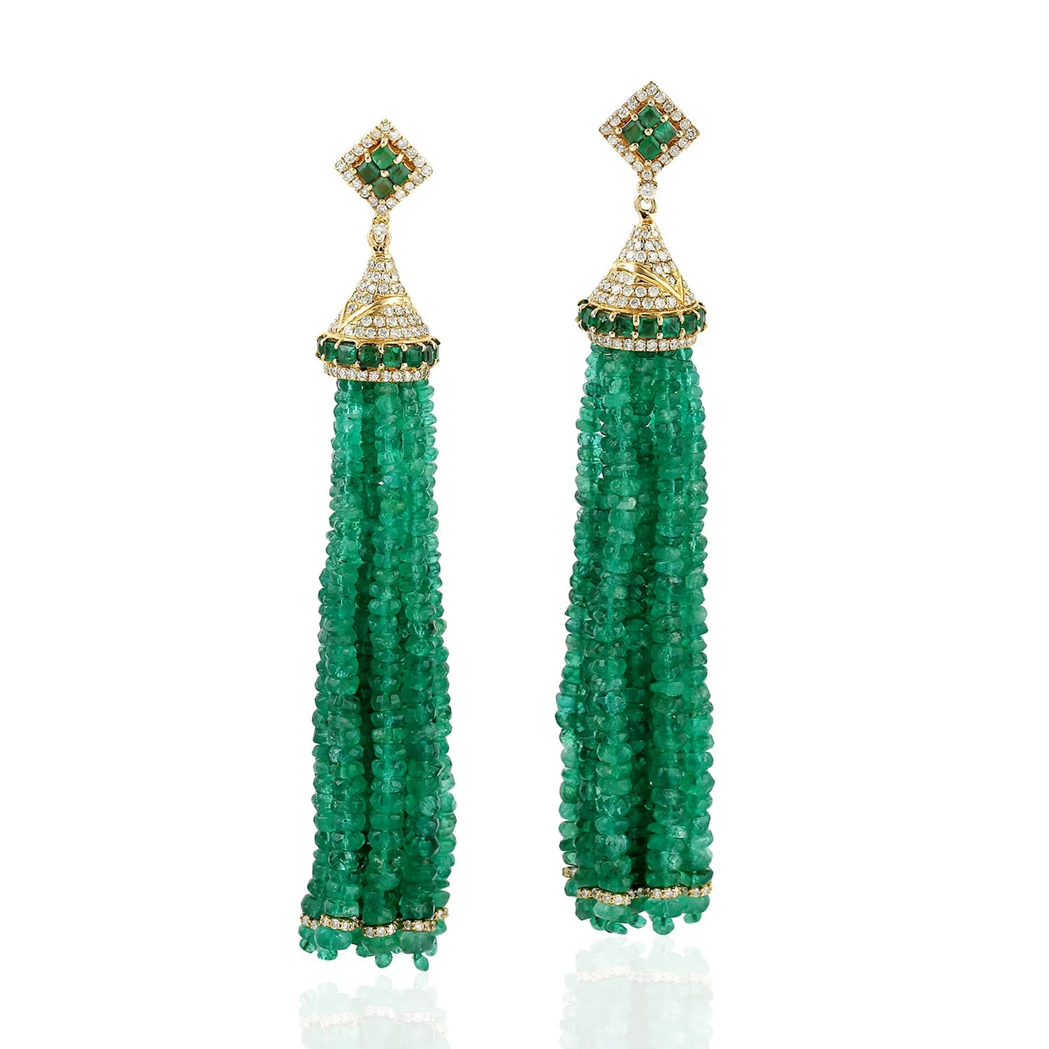 Faceted Emerald Beads Tassel Earrings In 18K Yellow Gold Diamond Jewelry
