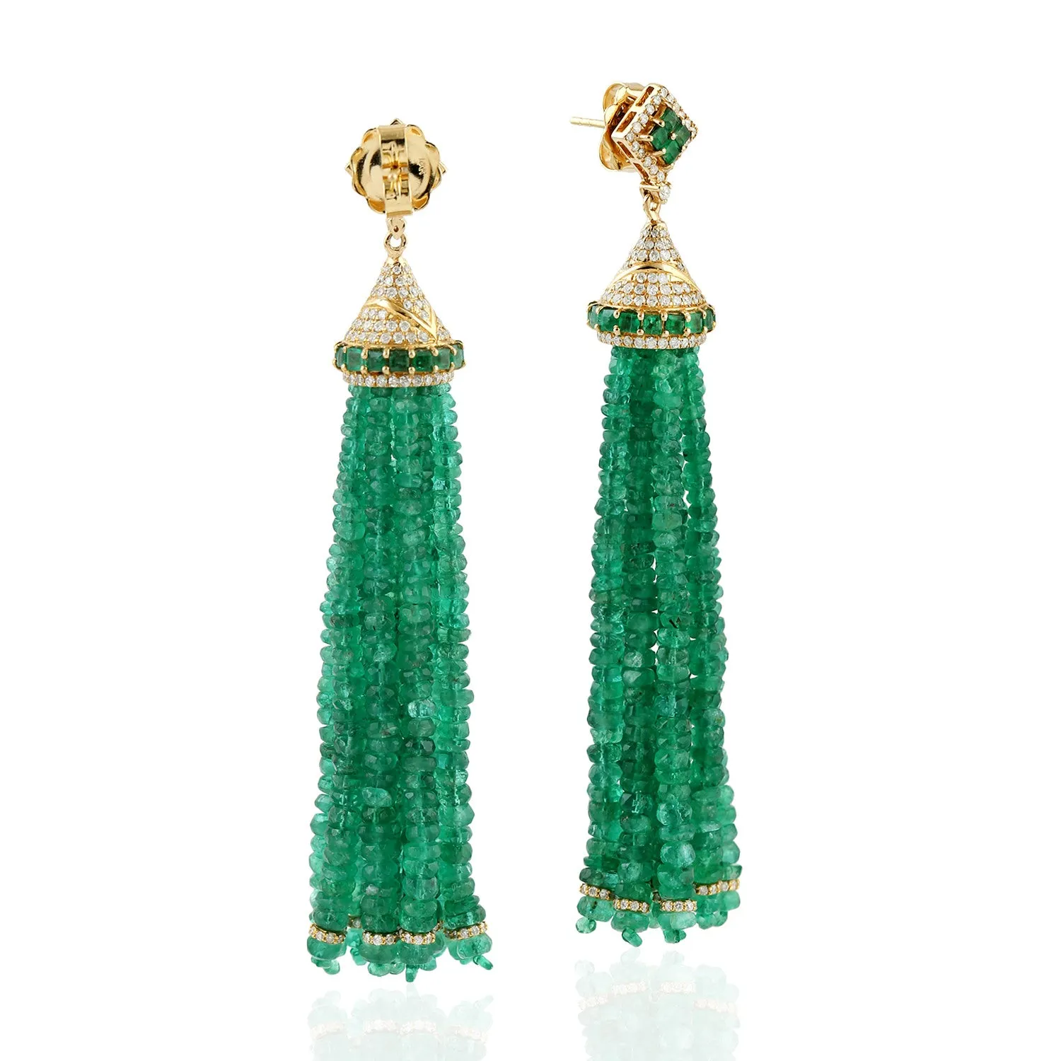 Faceted Emerald Beads Tassel Earrings In 18K Yellow Gold Diamond Jewelry