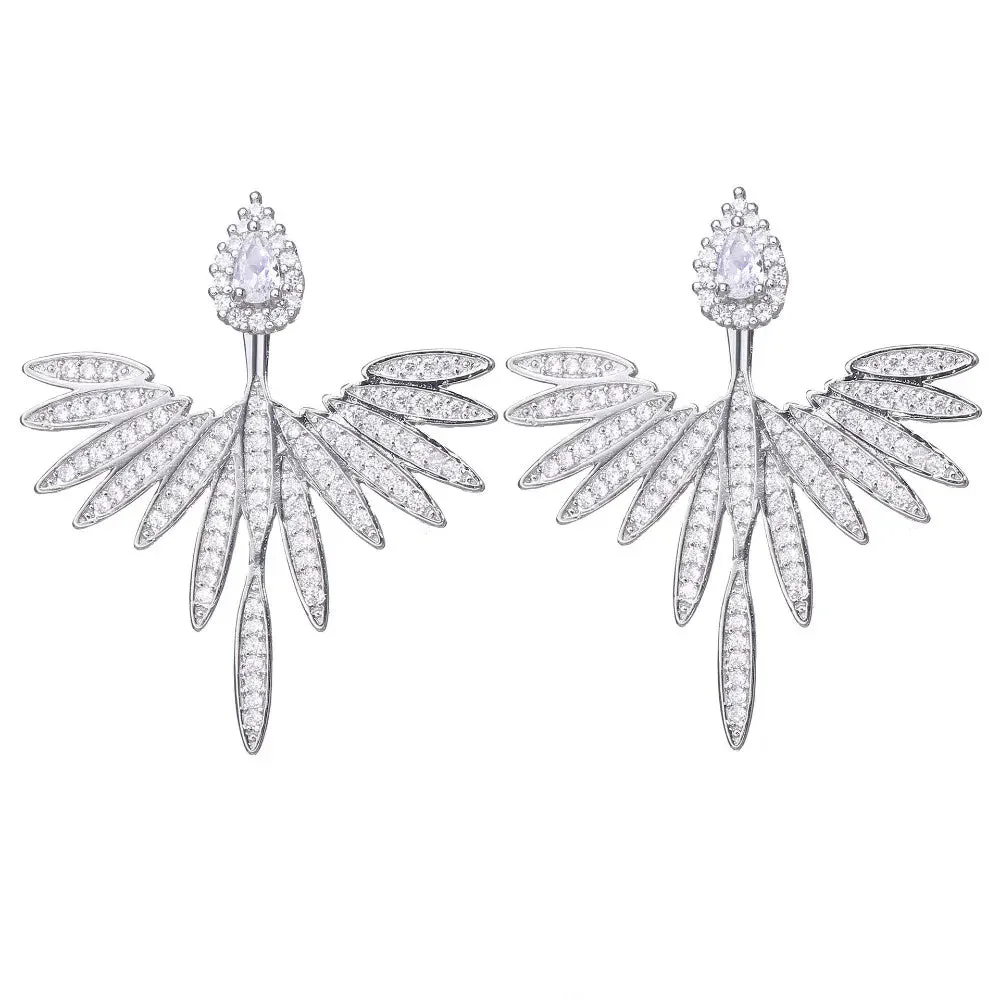 Fashion Luxury Feather Crystal Wing Symmetrical Stud Earrings Exquisite Silver Color Party Jewelry Accessories for Women