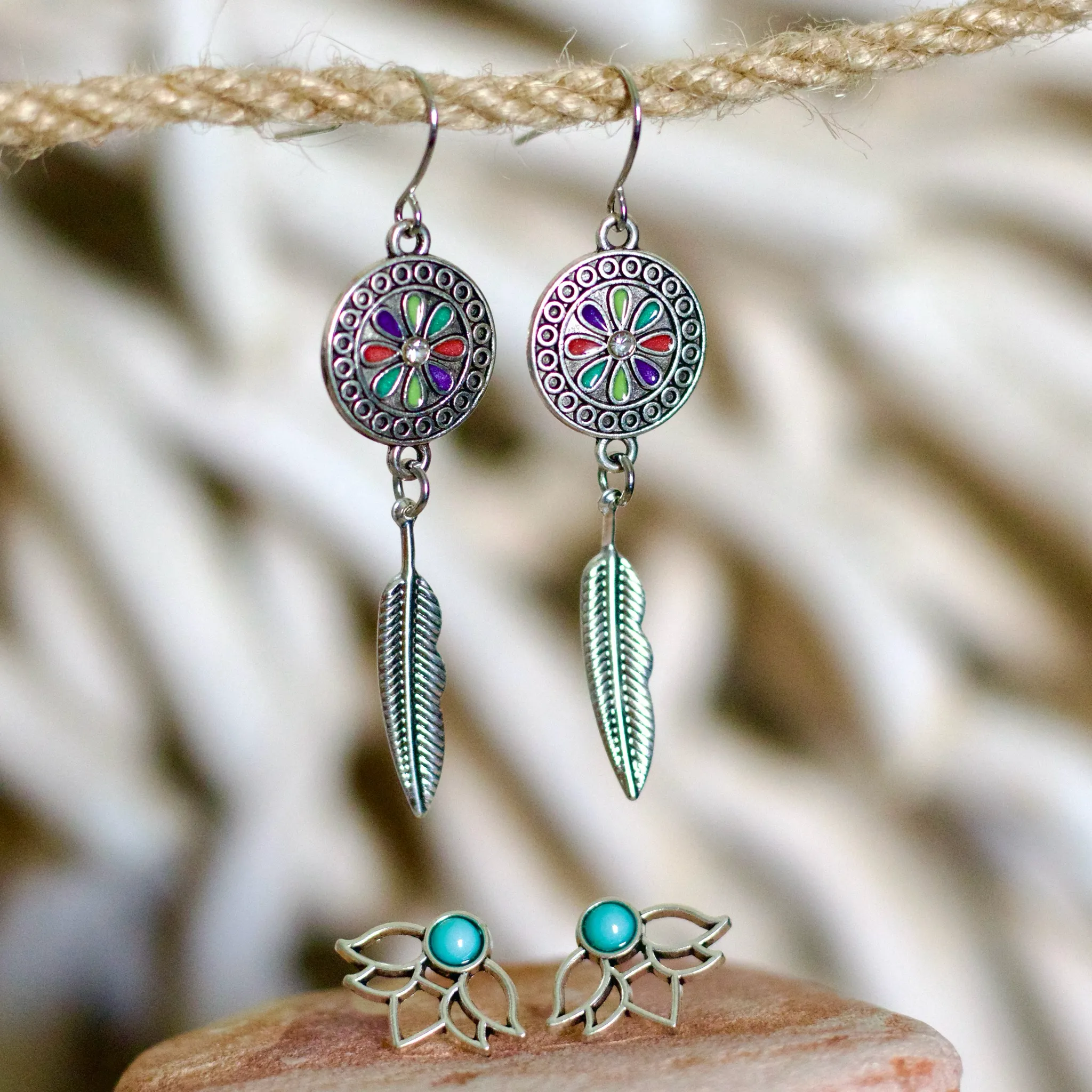 Feather & Floral Earring Set – Vibrant and Boho Chic