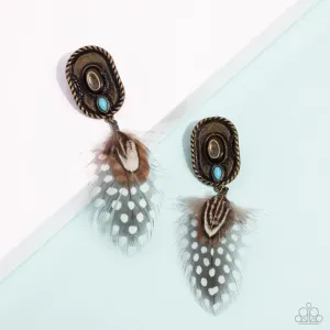 Feathered Fairy Tale - Brass - Cowboy Hat Turquoise Stone Paparazzi Post Earrings - 2024 Summer Party Pack Exclusive