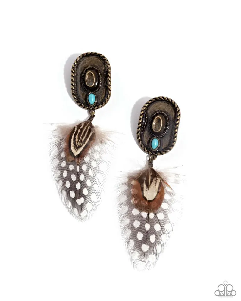 Feathered Fairy Tale - Brass - Cowboy Hat Turquoise Stone Paparazzi Post Earrings - 2024 Summer Party Pack Exclusive