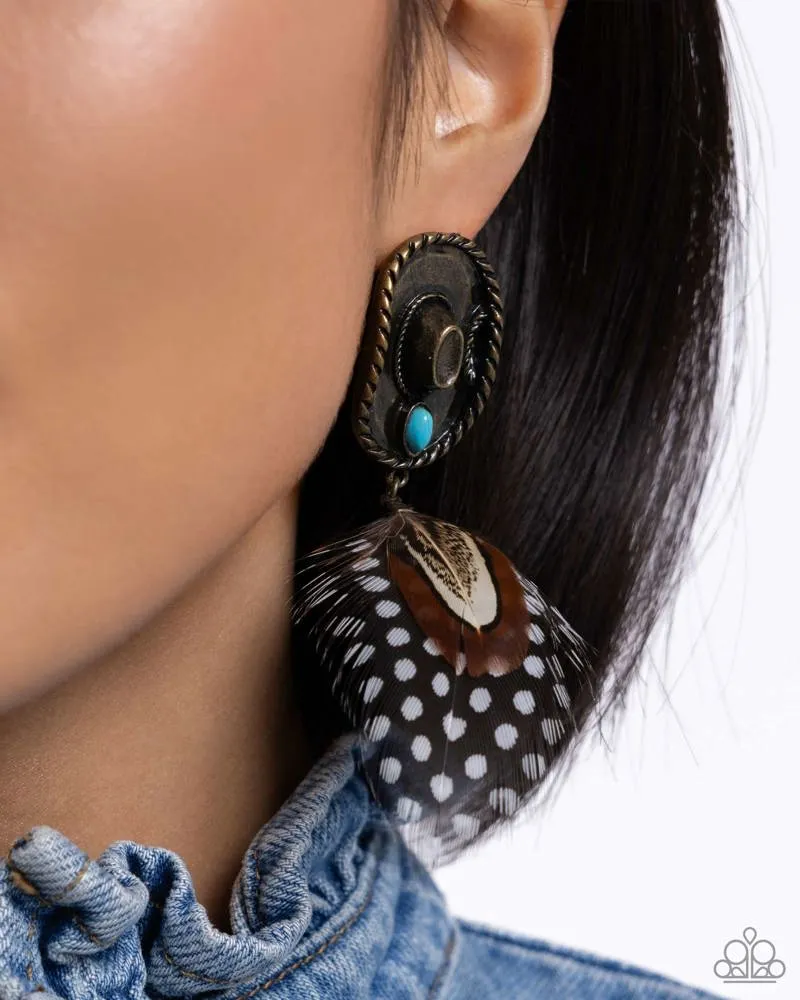 Feathered Fairy Tale - Brass - Cowboy Hat Turquoise Stone Paparazzi Post Earrings - 2024 Summer Party Pack Exclusive