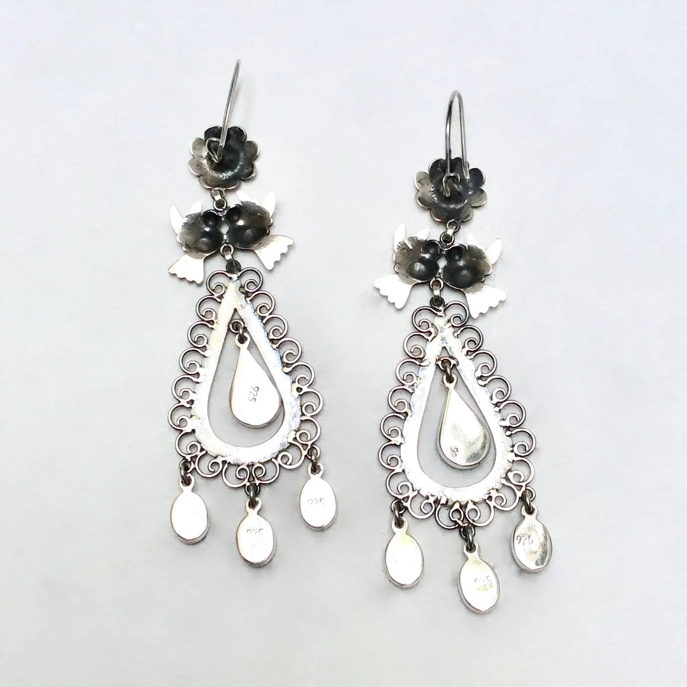 Filigree Floral Lovebird Silver Mexican Earrings