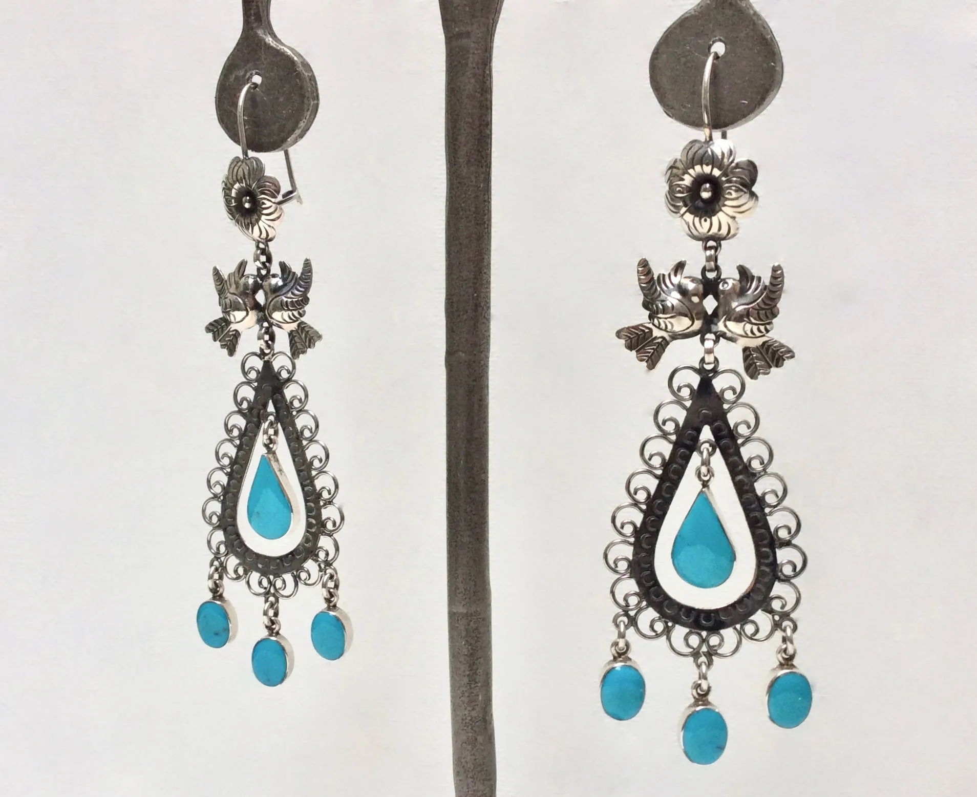 Filigree Floral Lovebird Silver Mexican Earrings