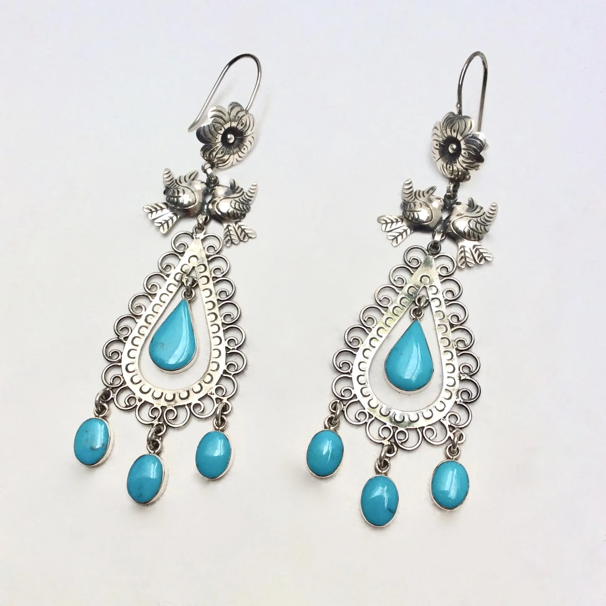 Filigree Floral Lovebird Silver Mexican Earrings