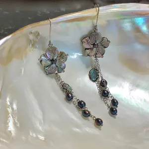 Floral Carved Abalone Shell Long Dangle Earrings in Rhodium-Plated 925 Sterling Silver