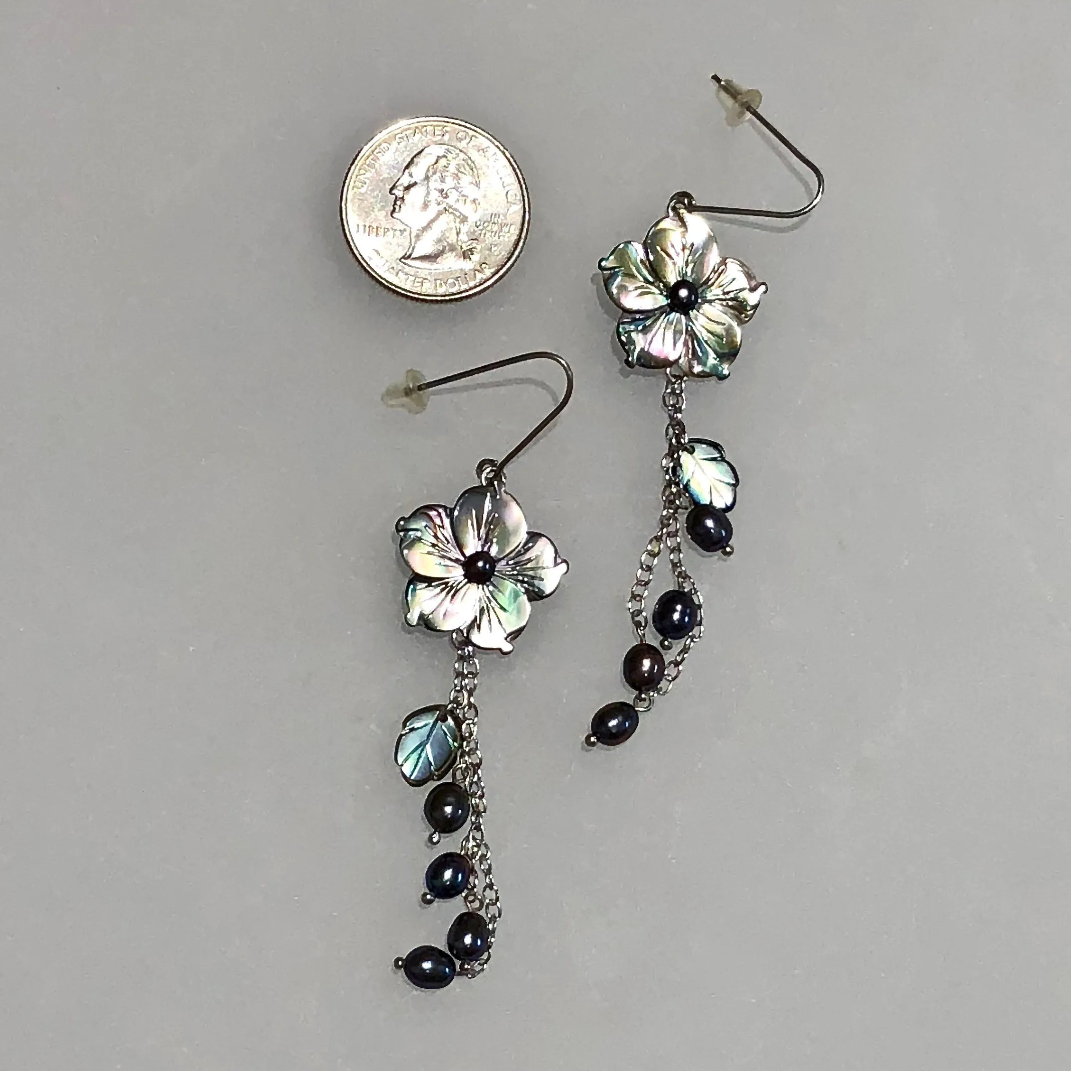 Floral Carved Abalone Shell Long Dangle Earrings in Rhodium-Plated 925 Sterling Silver