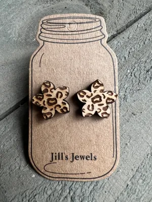 Flower Cutout Leopard Wood Stud Earrings