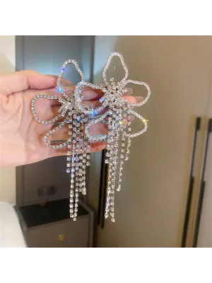 Flower Rhinestone Tassel Earrings - Silver