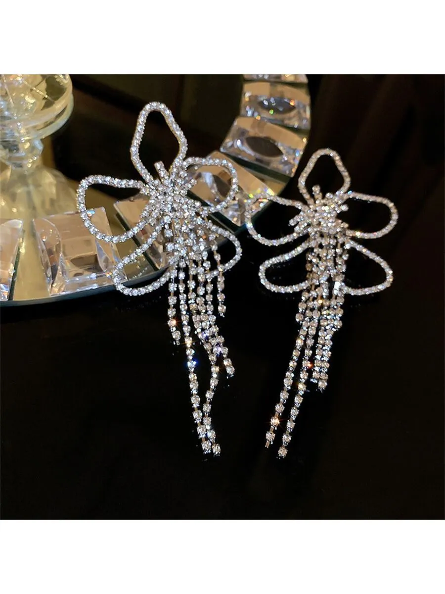 Flower Rhinestone Tassel Earrings - Silver