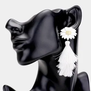 Flower Triple Layered White Tassel Dangle Earrings