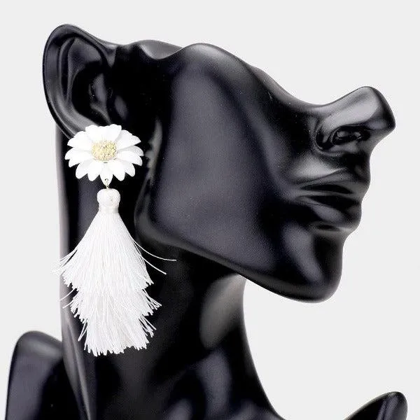 Flower Triple Layered White Tassel Dangle Earrings