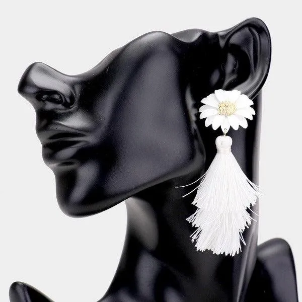 Flower Triple Layered White Tassel Dangle Earrings