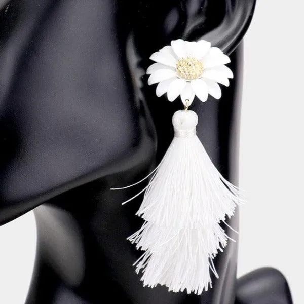 Flower Triple Layered White Tassel Dangle Earrings