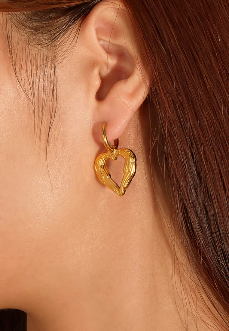 Forever Yours Love Heart Pendant Hoop Drop Earrings in Gold
