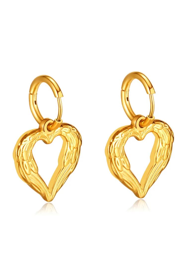 Forever Yours Love Heart Pendant Hoop Drop Earrings in Gold