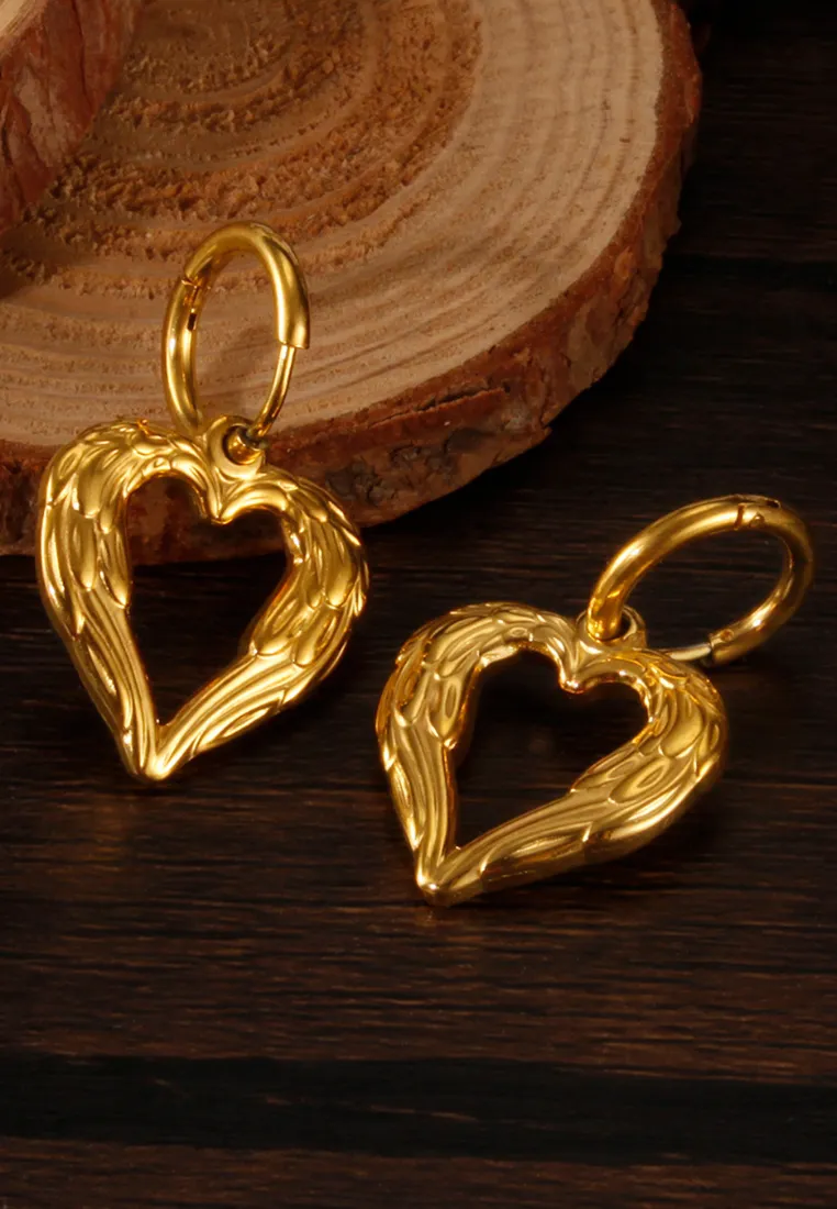 Forever Yours Love Heart Pendant Hoop Drop Earrings in Gold