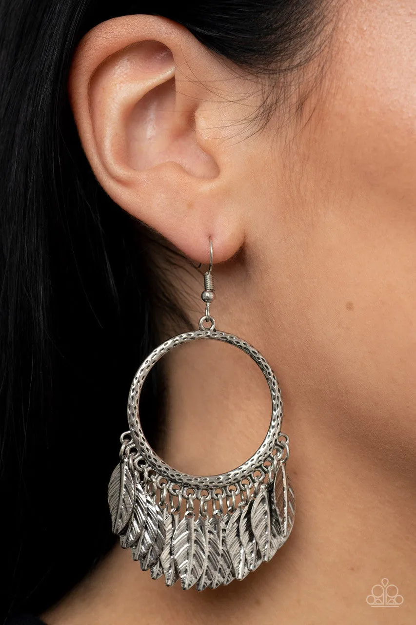 FOWL Tempered - Silver - Feather Hoop Paparazzi Fishhook Earrings