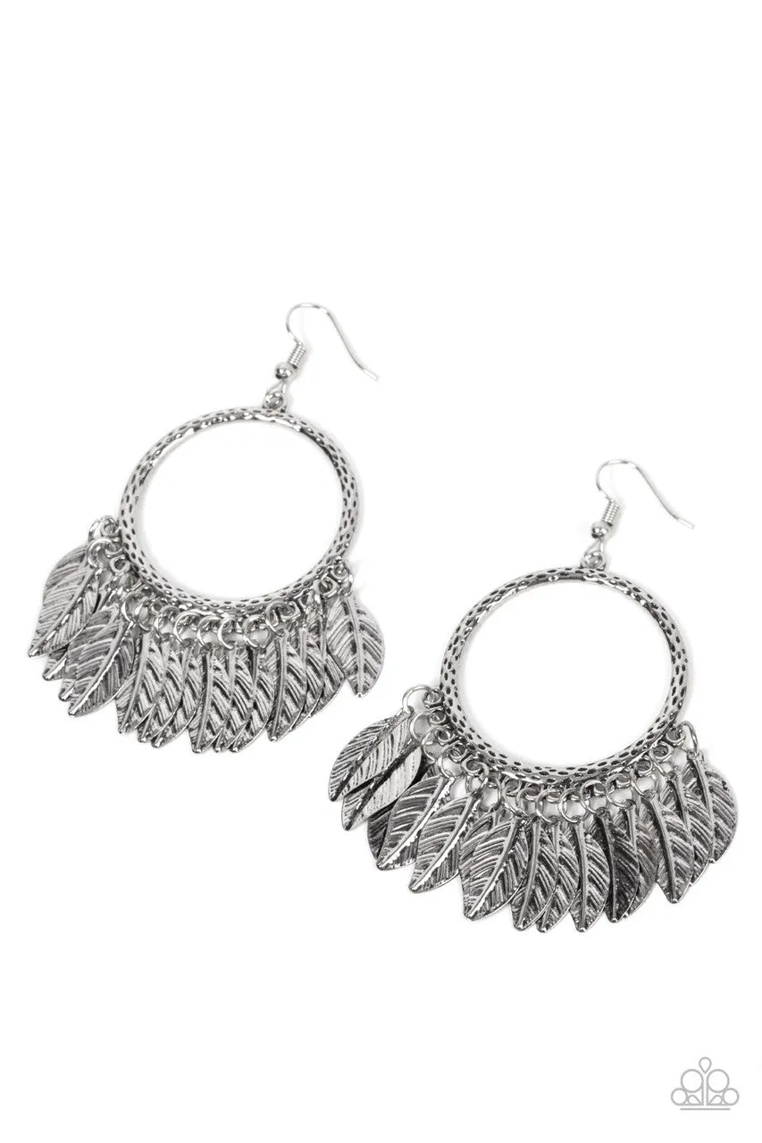 FOWL Tempered - Silver - Feather Hoop Paparazzi Fishhook Earrings