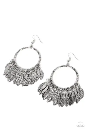 FOWL Tempered - Silver - Feather Hoop Paparazzi Fishhook Earrings