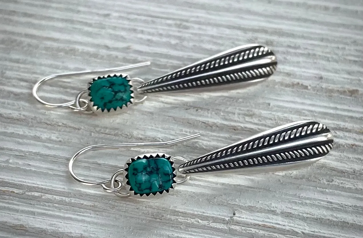 Fox Turquoise Braided Silver Drop Earrings