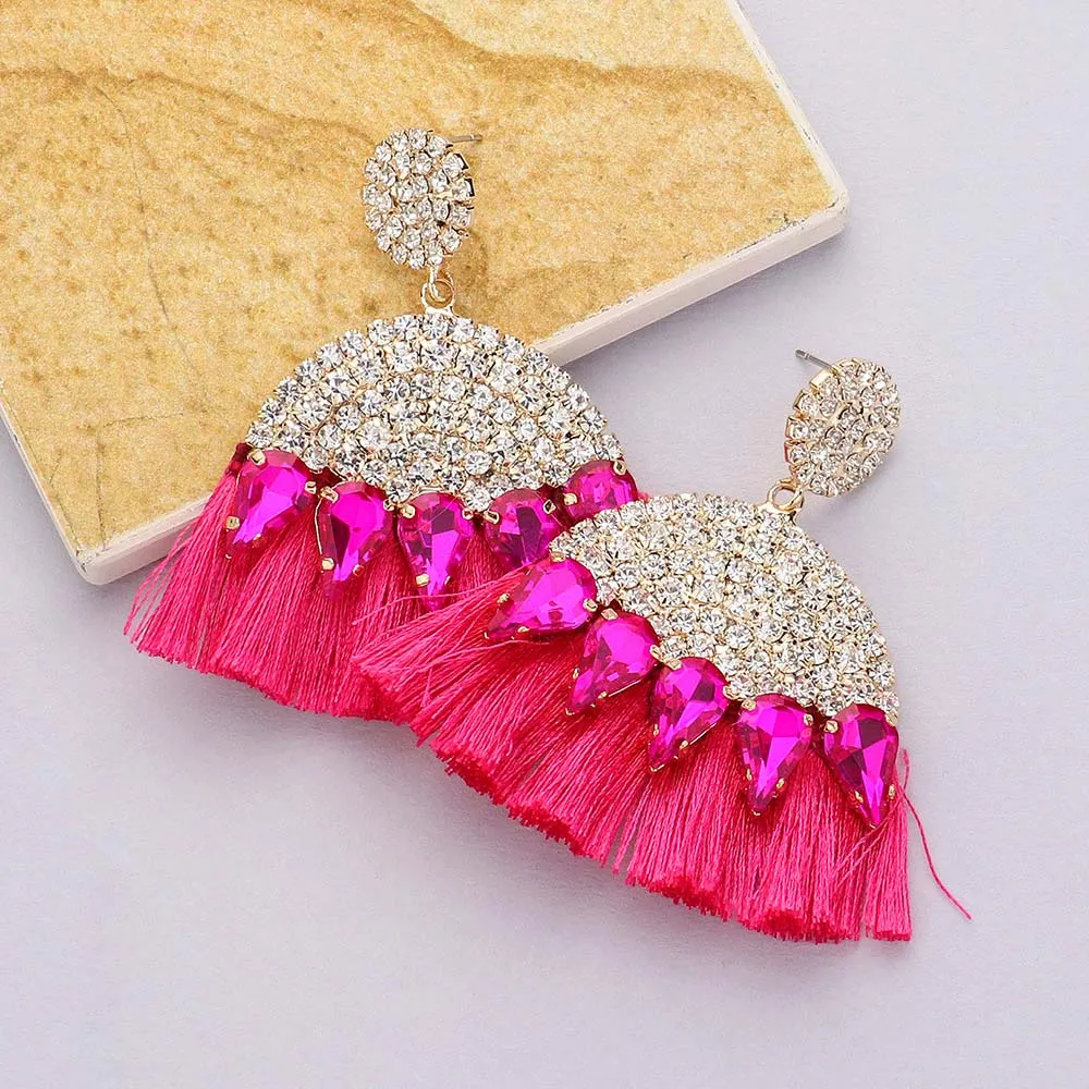 Fuchsia Marquise and Rhinestone Fun Fashion Tassel Earrings | Headshot Earrings | 622170