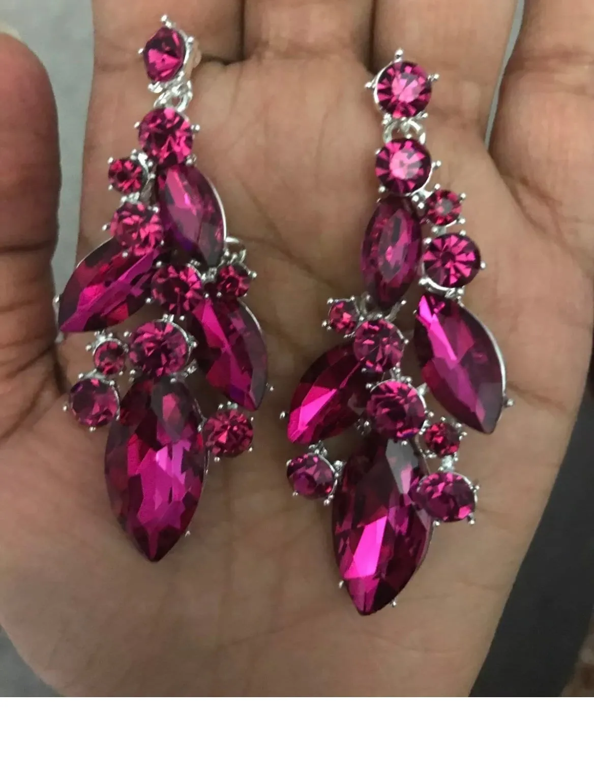 Fuchsia silver  crystal earrings, magenta earrings, hot pink rhinestone earrings, pink pageant earrings pierced