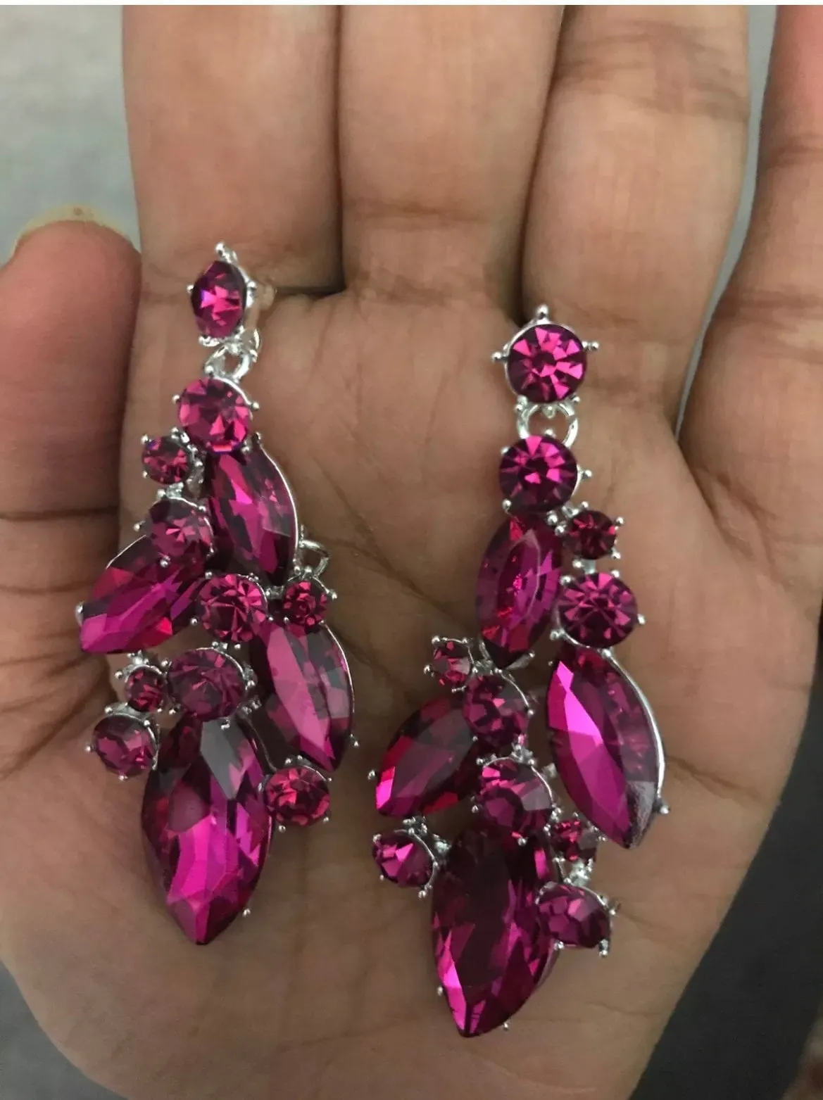 Fuchsia silver  crystal earrings, magenta earrings, hot pink rhinestone earrings, pink pageant earrings pierced