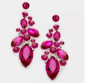 Fuchsia silver  crystal earrings, magenta earrings, hot pink rhinestone earrings, pink pageant earrings pierced