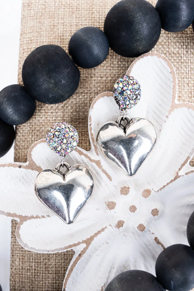 Full Of Love Iridescent Puffy Silvertone Heart Earrings