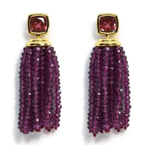 Gaia - Drop Tassel Earrings with Pink Tourmaline and Rhodolite Garnet, 18k Yellow Gold