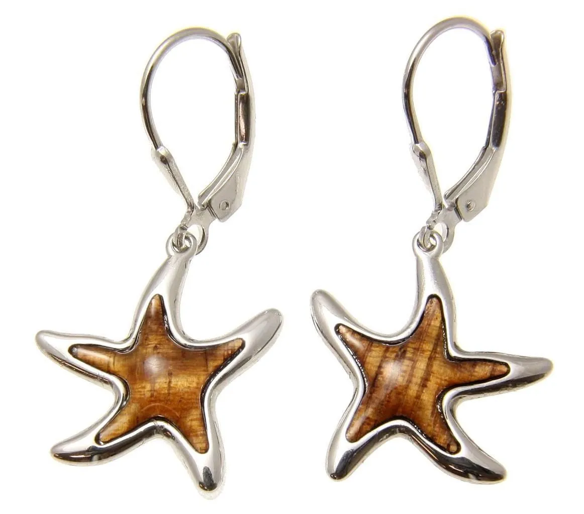 GENUINE INLAY HAWAIIAN KOA WOOD SEA STARFISH EARRINGS HOOK LEVERBACK SILVER 925