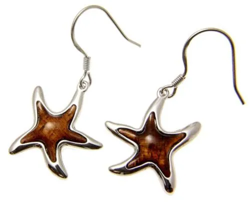 GENUINE INLAY HAWAIIAN KOA WOOD SEA STARFISH EARRINGS HOOK LEVERBACK SILVER 925