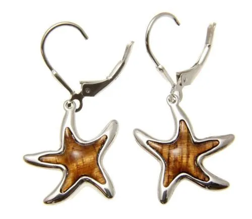GENUINE INLAY HAWAIIAN KOA WOOD SEA STARFISH EARRINGS HOOK LEVERBACK SILVER 925