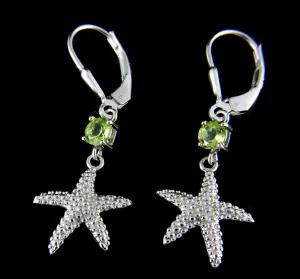 GENUINE PERIDOT SILVER 925 HAWAIIAN SEASTAR STARFISH LEVERBACK EARRINGS RHODIUM
