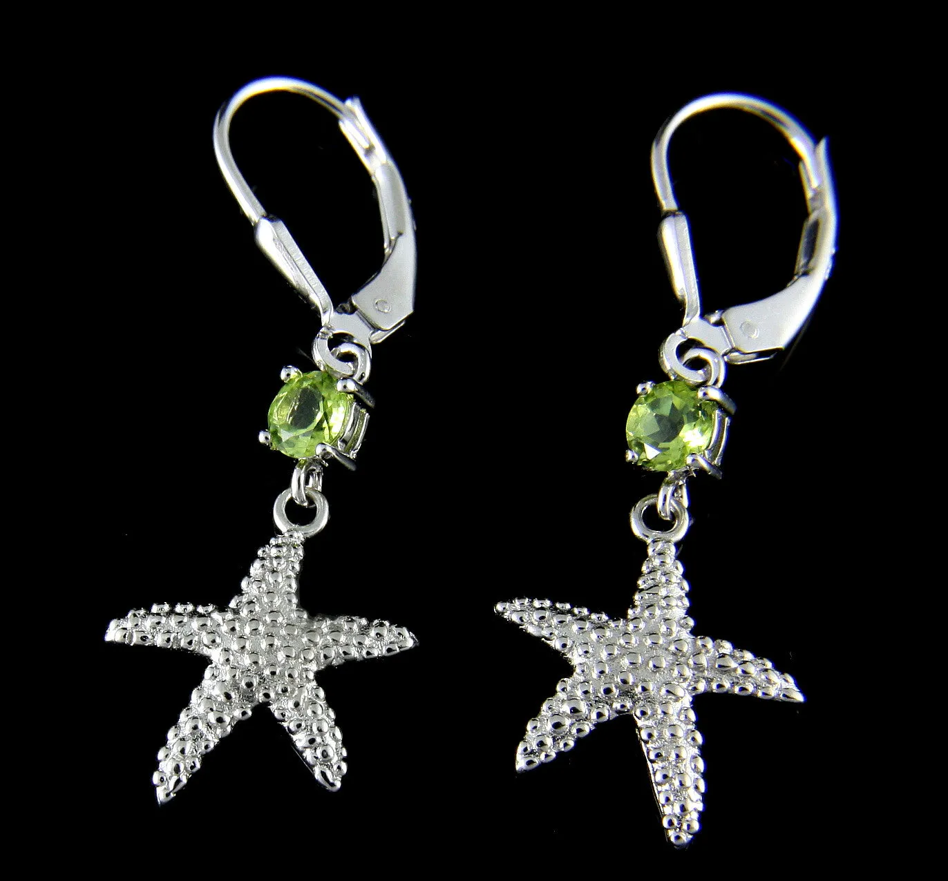 GENUINE PERIDOT SILVER 925 HAWAIIAN SEASTAR STARFISH LEVERBACK EARRINGS RHODIUM