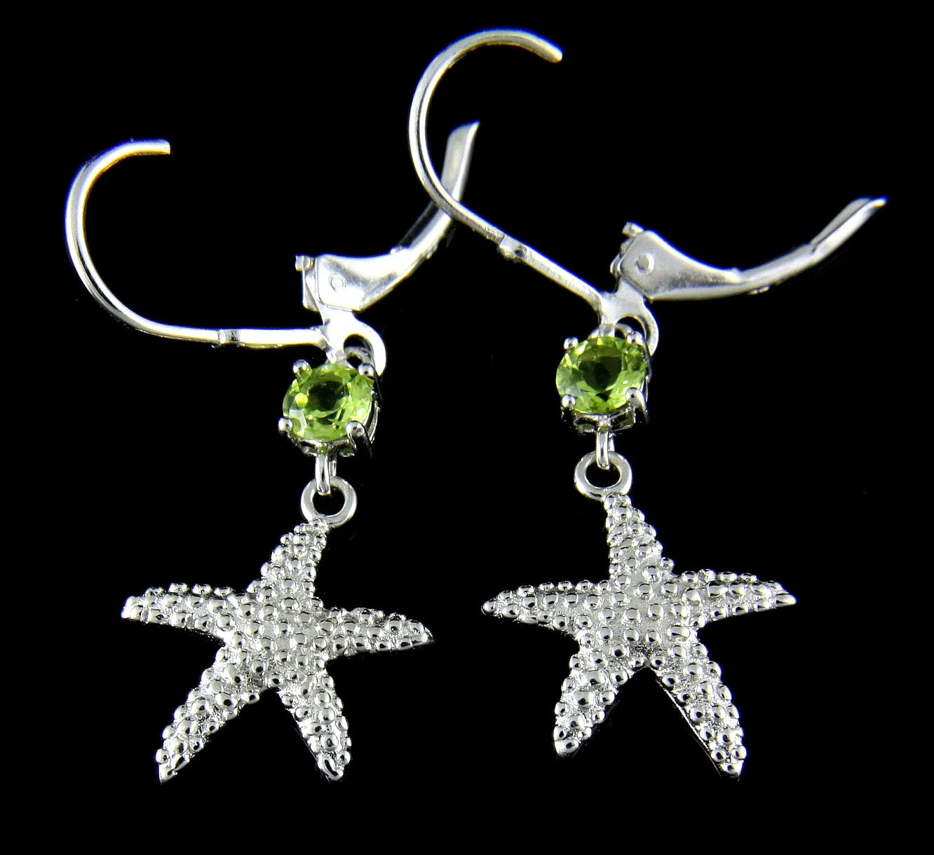 GENUINE PERIDOT SILVER 925 HAWAIIAN SEASTAR STARFISH LEVERBACK EARRINGS RHODIUM