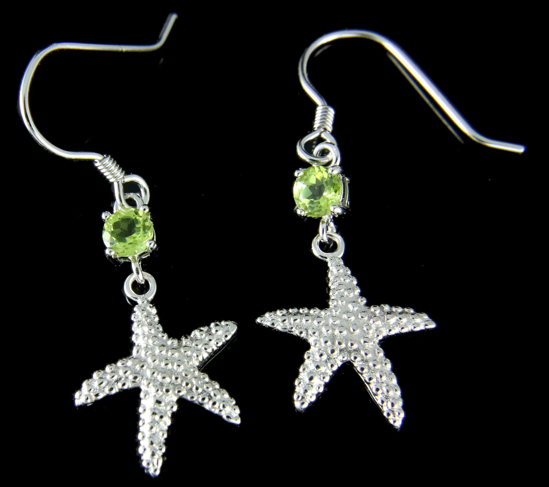 GENUINE PERIDOT SILVER 925 HAWAIIAN SEASTAR STARFISH WIRE HOOK EARRINGS RHODIUM