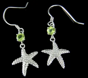 GENUINE PERIDOT SILVER 925 HAWAIIAN SEASTAR STARFISH WIRE HOOK EARRINGS RHODIUM