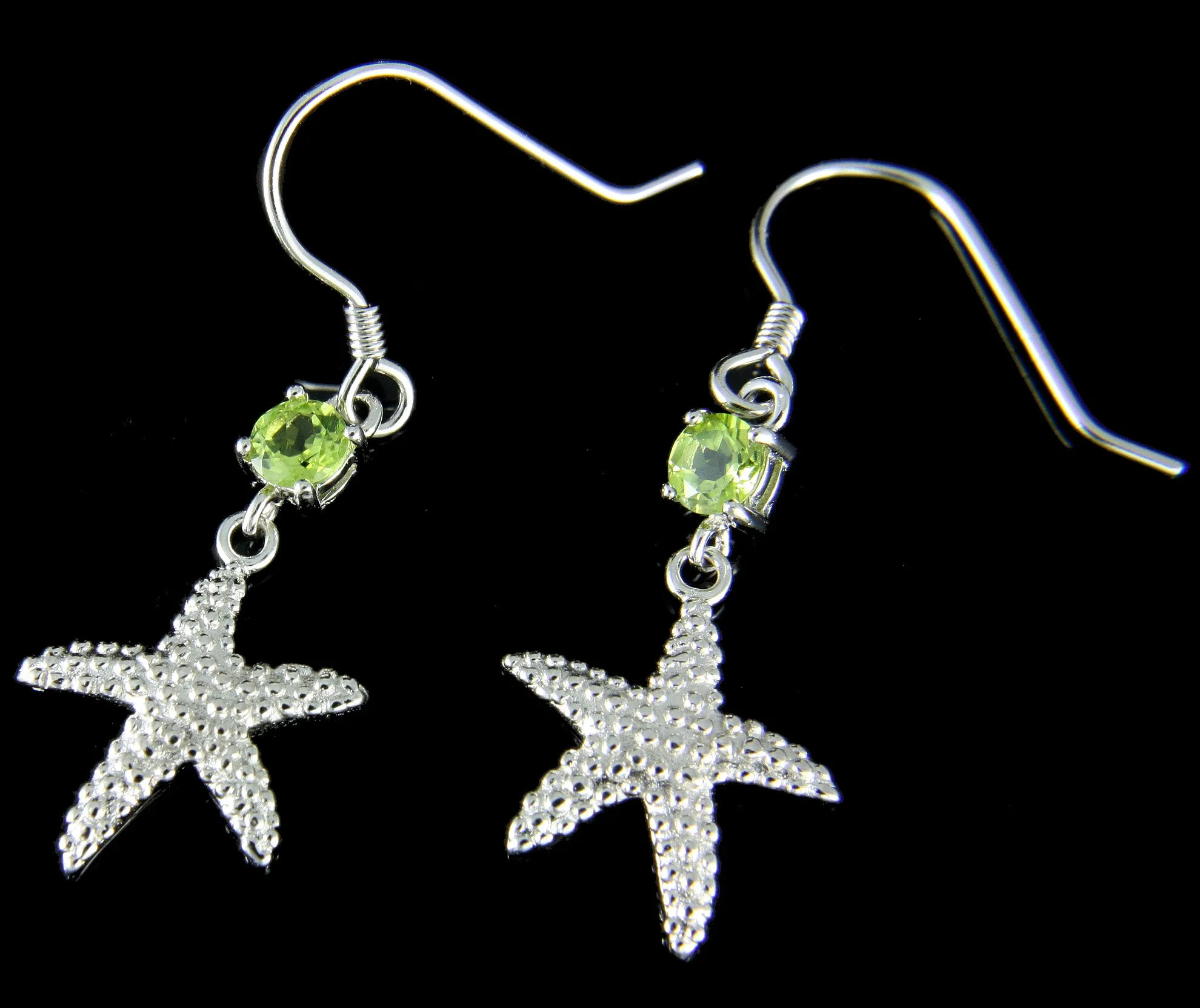 GENUINE PERIDOT SILVER 925 HAWAIIAN SEASTAR STARFISH WIRE HOOK EARRINGS RHODIUM
