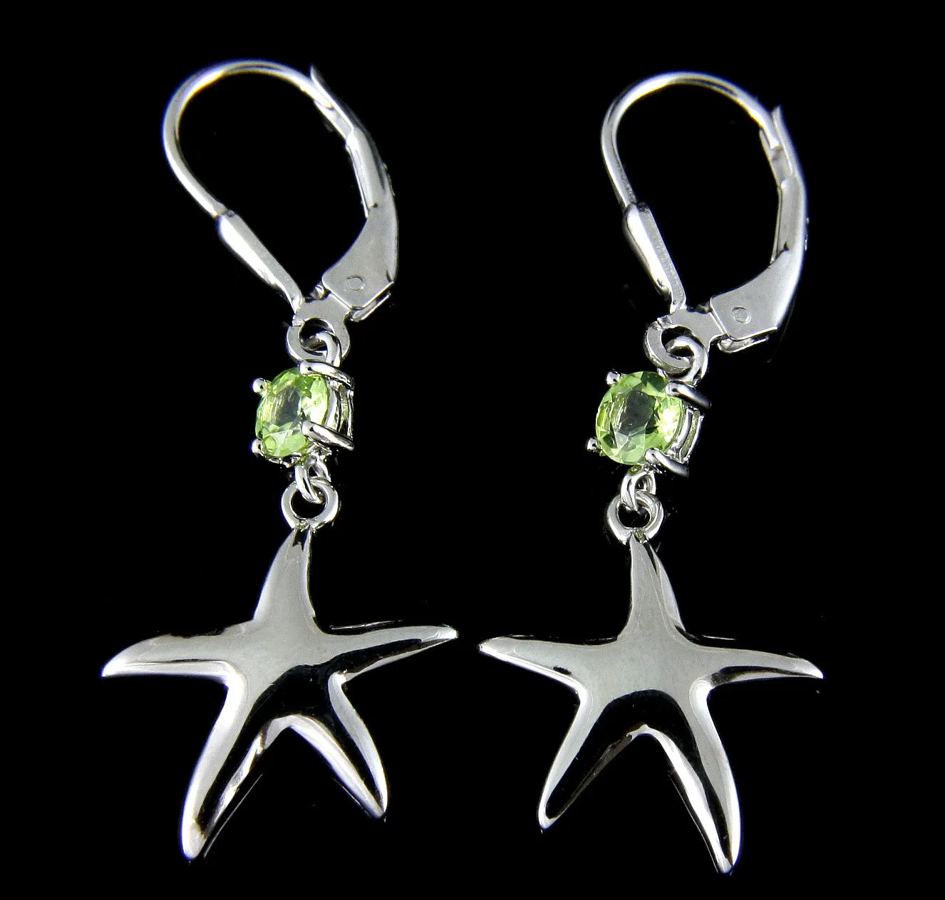 GENUINE PERIDOT SILVER 925 HAWAIIAN SHINY STARFISH LEVERBACK EARRINGS RHODIUM