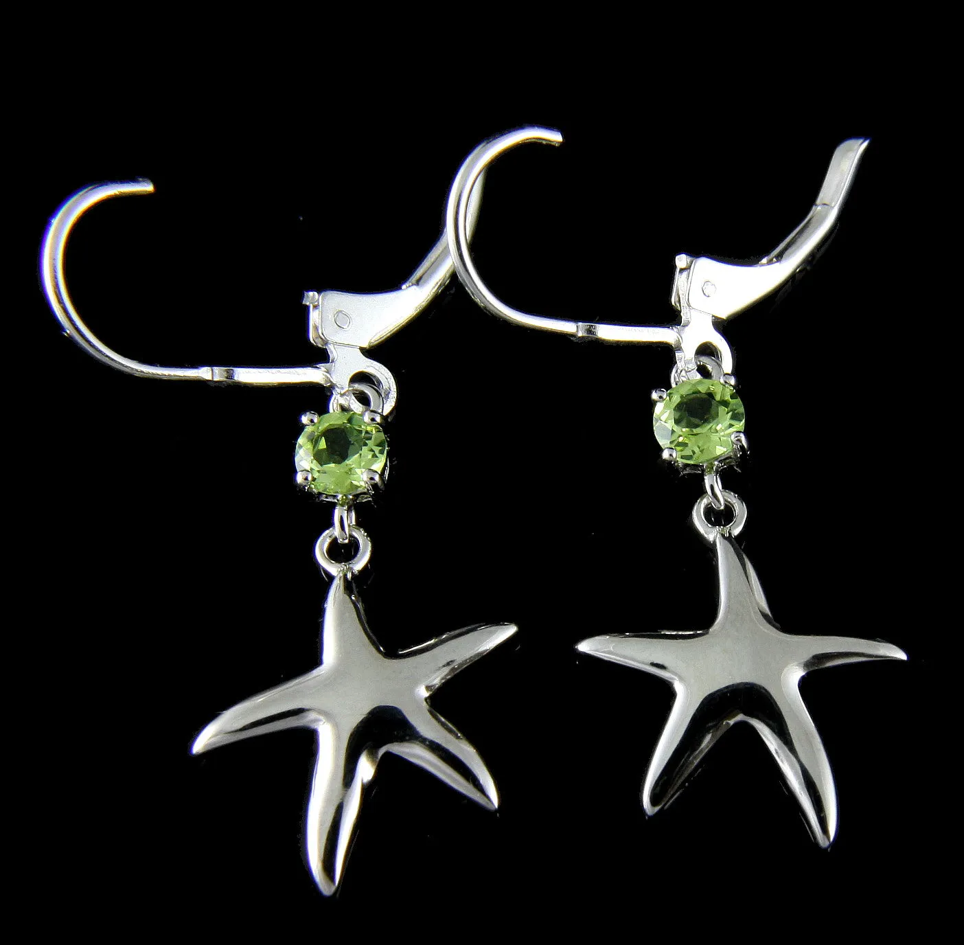 GENUINE PERIDOT SILVER 925 HAWAIIAN SHINY STARFISH LEVERBACK EARRINGS RHODIUM