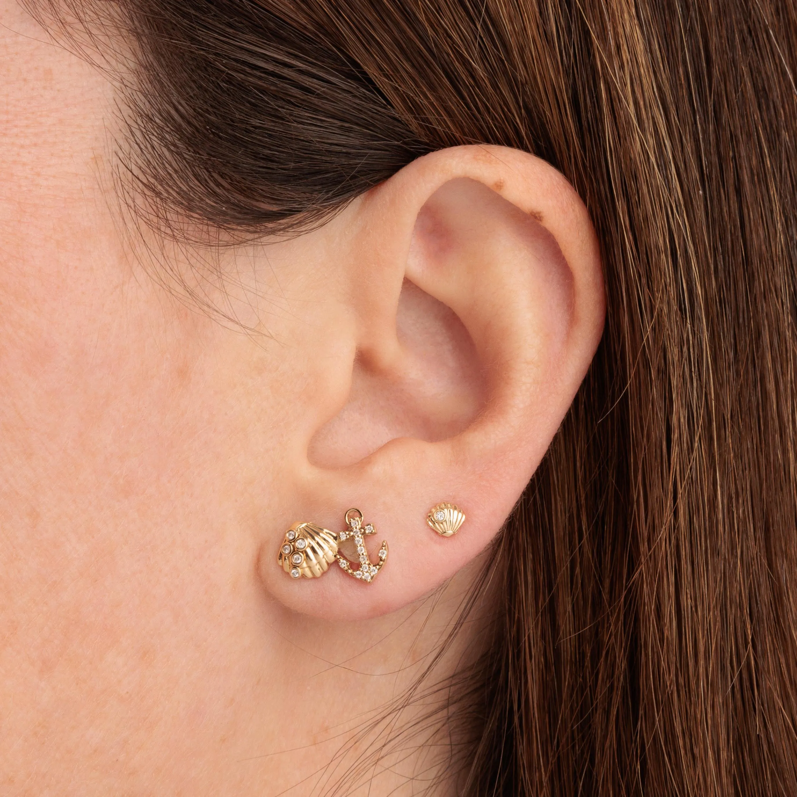 Gold & Diamond Anchor Shell Cluster Stud