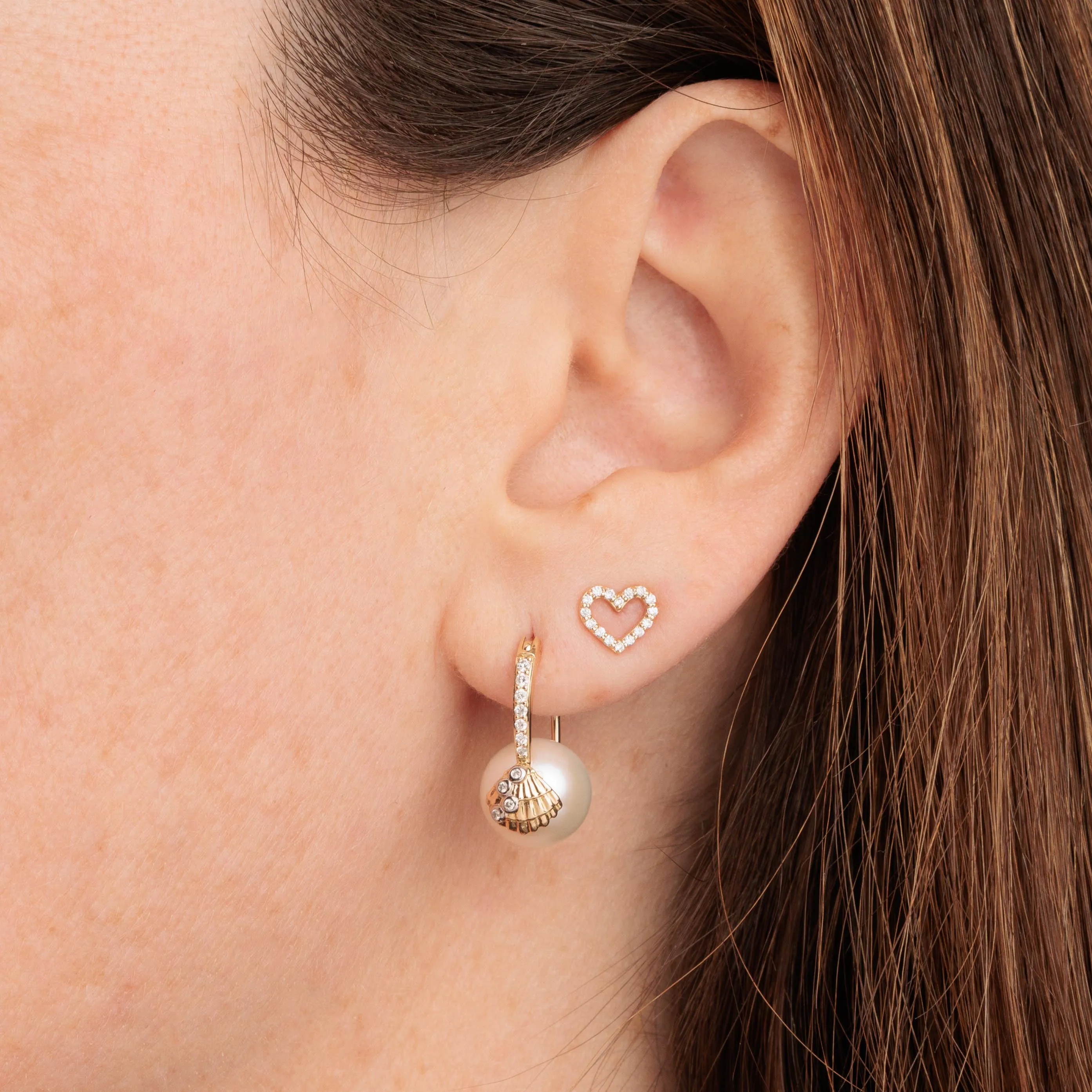 Gold & Diamond Clam Shell Pearl Earrings
